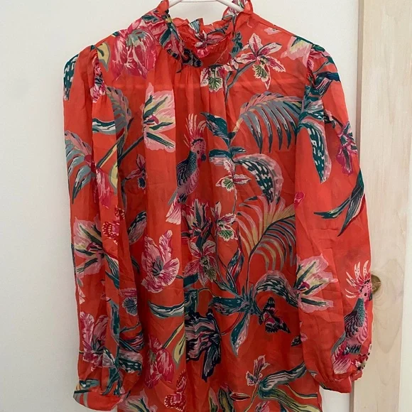 Banjanan Bird Silk Blouse Sz. S Tropical - Picture 1 of 3